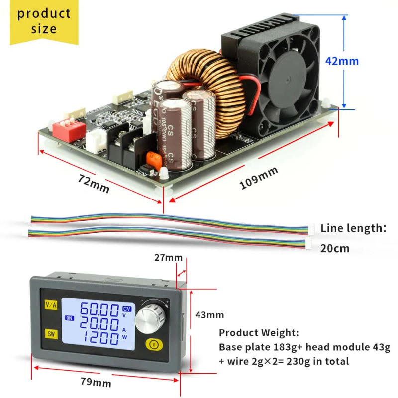 Description Picture 6 of itemLCD Display CNC Adjustable Current Stabilized Voltage Power Supplys Constant Voltage and Current 20A 1200W Step-down Module