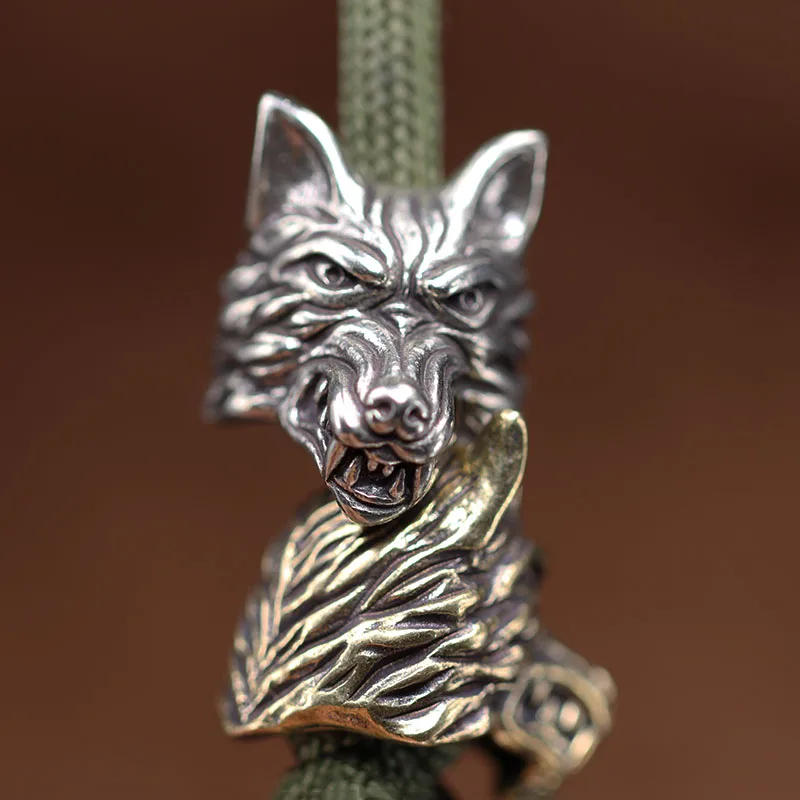 Description Picture 5 of itemGrey Wolves Head Sculpture Brass Knife Bead Outdoor EDC Umbrella Rope Pendant DIY Paracord Bracelet Accessories Lanyard Hangings