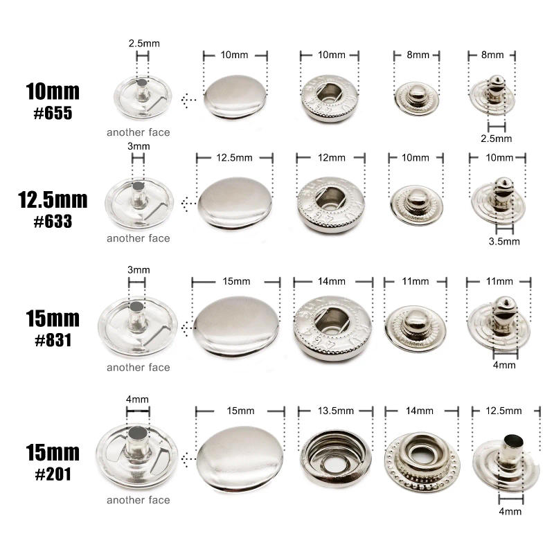Description Picture 3 of item50 sets 10/12.5/15mm #633 655 831 201 Metal Sewing Press Fastener Snap Button Popper Leather Bag Clothes Jacket Coat Repair Tool