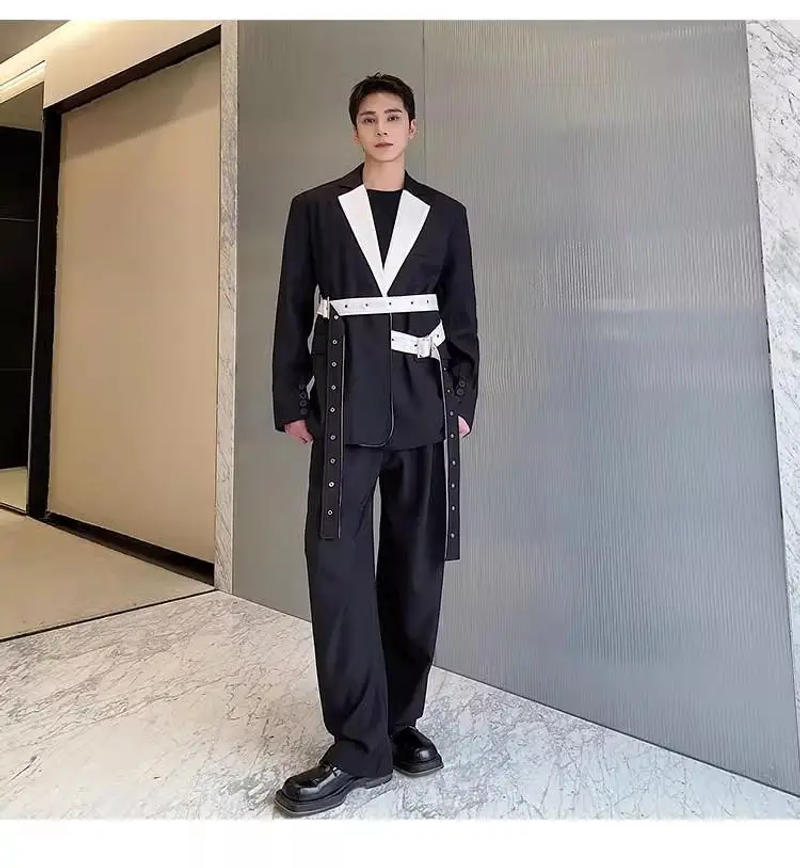 Description Picture 3 of itemLUZHEN 2024 New Trendy Color Contrast Splicing Design Belt Decorate Elegant Casual Blazer Jacket Men's High Street Coat LZ2671