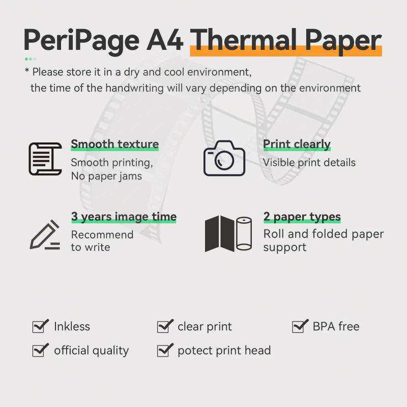 Description Picture 6 of itemPeriPage Mini A4 Printers Quick Dry and Long Time Storage Continuous Thermal Paper 100 Sheets Folded Thermal Paper Papel