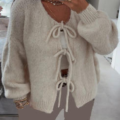 Fashion Knitted Bow Lace Up Cardigan Women Sweater Y2k Open Front Sweet Knitted Cardigan Lantern Sleeve Oversized Cardigan