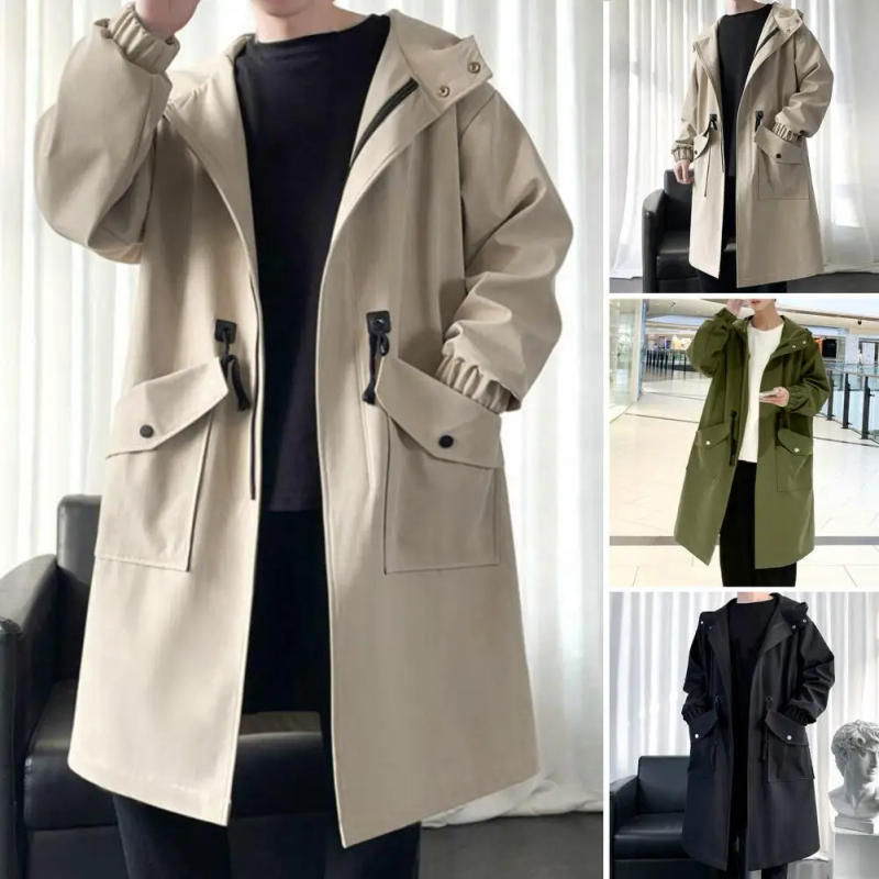 Description Picture 3 of itemMen Trench Hooded Loose Mid Length Big Pockets Coat Long Sleeve Windproof Solid Color Zipper Closure Coat Streetwear