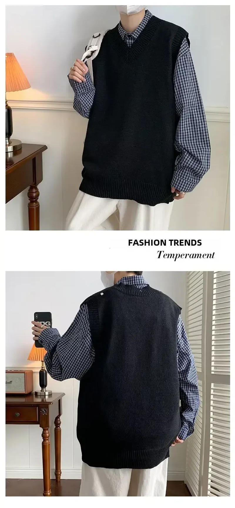 Description Picture 5 of itemMen's V-neck Knitted Sweater Solid Color Autumn Japanese Style Sleeveless Casual Pullover Youth Trendy Artistic Couple