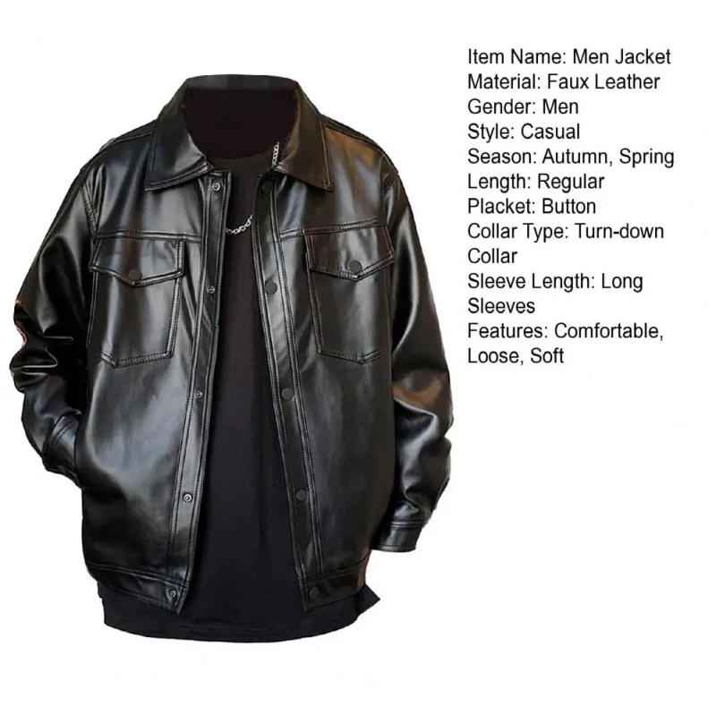 Description Picture 3 of itemSolid Color Men Jacket Stylish Men's Faux Leather Jacket with Turn-down Collar Button Closure Breast Pocket Spring/fall for Male