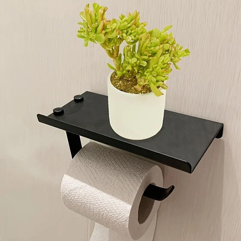 Description Picture 3 of itemBathroom Toilet Towel Paper Holder Phone Holder Wall Mount Paper Holder with Shelf Towel Rack Tissue Boxes Black