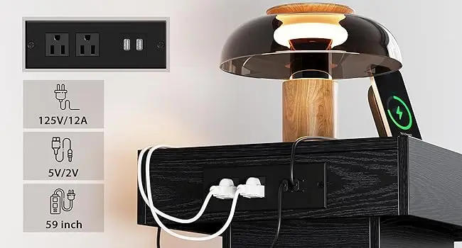 Description Picture 4 of itemNight Stand with Charging Station, Modern Black Nightstand with LED Light and Drawers, Bedside Tables/End Table for Bedroom