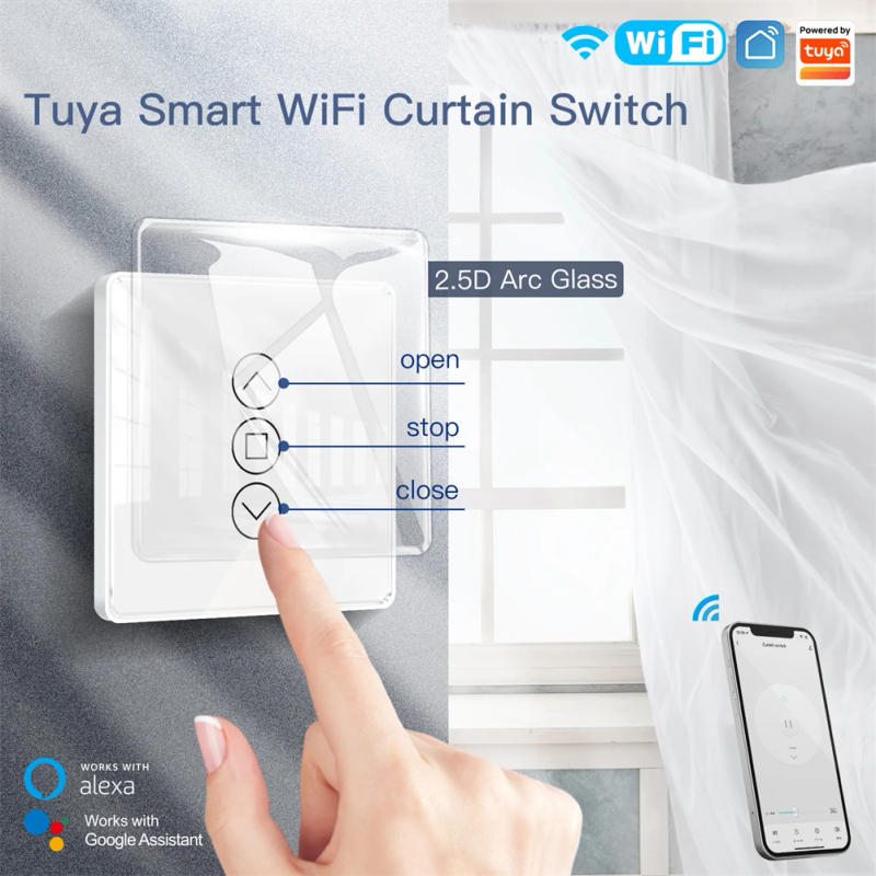 Description Picture 3 of itemMOES WiFi RF433 Smart 2.5D Arc Glass Touch Curtain Switch for Roller Blinds Shutters Smart Life/Tuya APP Works Alexa Google Home
