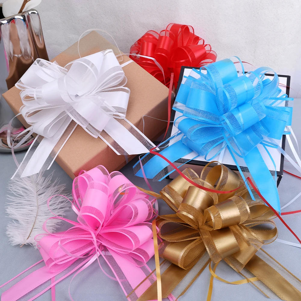Description Picture 6 of item1/5Pcs Golden Pull Bow Tulle Ribbon Bows Wedding Party Cars Decoration Birthday Christmas Presents Gift Ribbons Wrap Packing