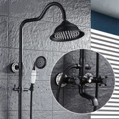 Bathroom Rainfall Shower Mixer Faucet Dual Handle Bath Shower Set Black Brass 8" Showerhead Shower Faucet Set with Handshower