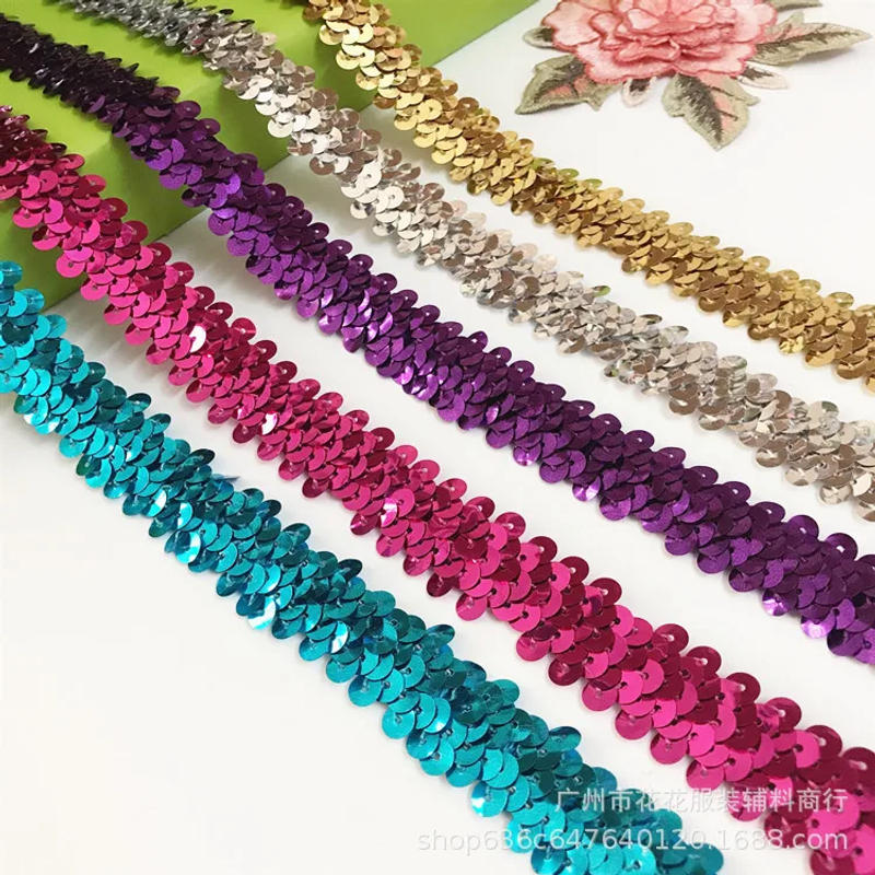 Description Picture 3 of item2Yards Elastic Sequins Ribbon Lace Trim Red Gold Sequin Sewing Fabric For Dress Clothes Headdress Bridal Wedding DIY Accessories