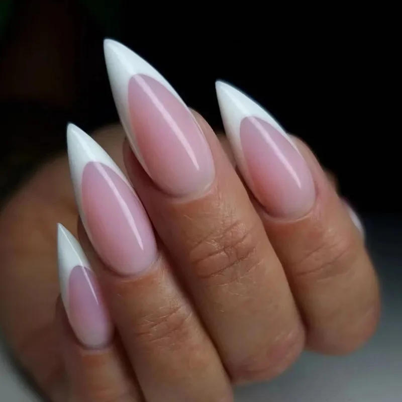 Description Picture 6 of item24Pcs Mid-length Stiletto Fake Nail with Jelly Glue Aurora Pure White Design Almond False Nails Wearable Oval Press on Nails
