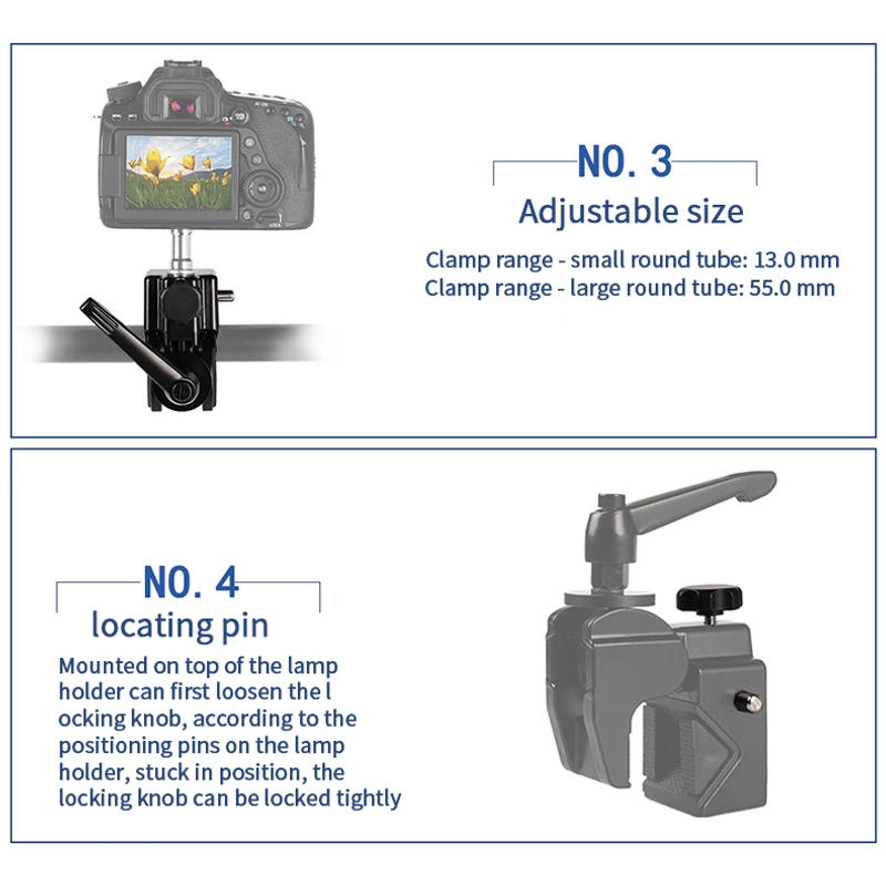 Description Picture 6 of itemUltra-strong universal metal photographic crab clip for 5cm round tube tripod light stand and3cm square tube with 1/4 screw hole