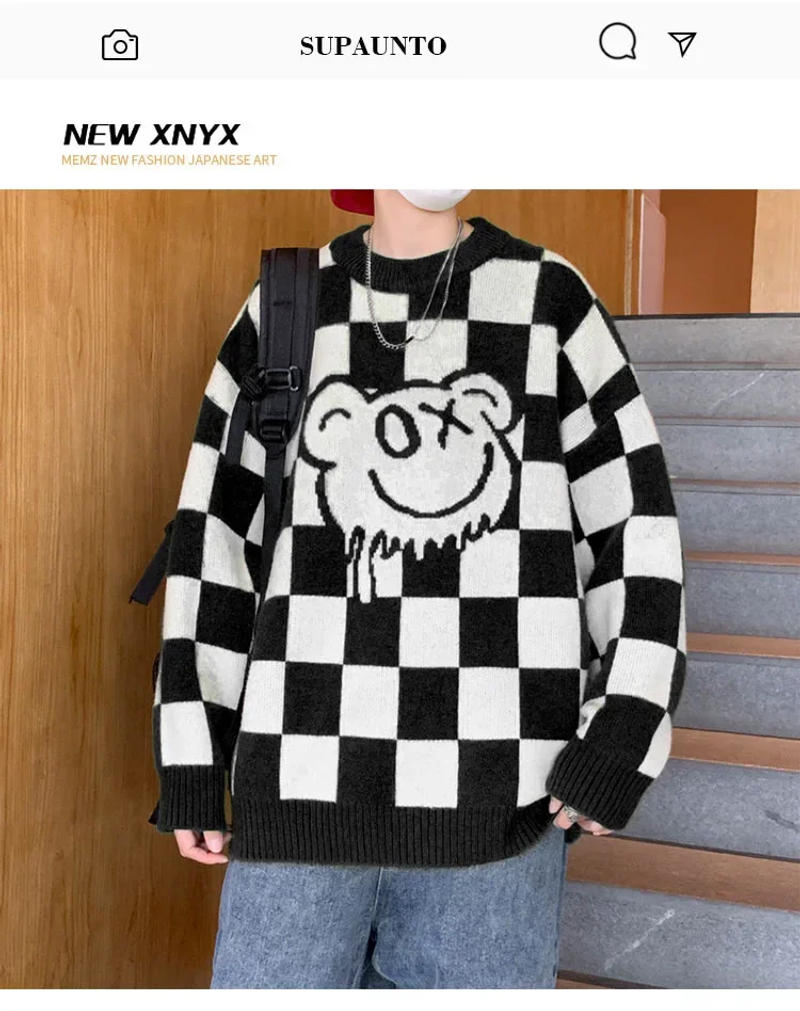 Description Picture 2 of itemMen's Plaid Round Neck Sweater Loose-fit Versatile Knitted Top Unique Casual Pullover For Autumn/winter Season Trendy Knitwear