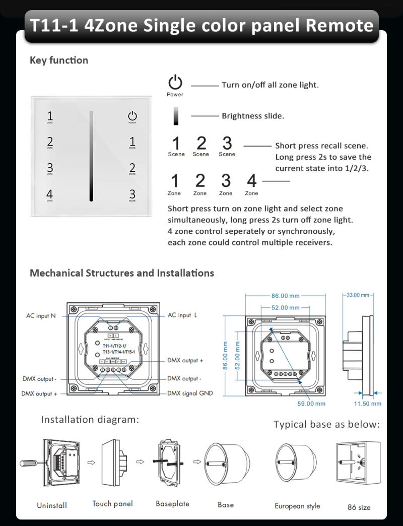 Description Picture 6 of itemV1 PWM LED Dimmer 5v 12v 24v 36v 8A 1CH 2.4G RF Wireless Wall Mounted Touch Panel Remote for Single Color 2835 5050 Strip Light