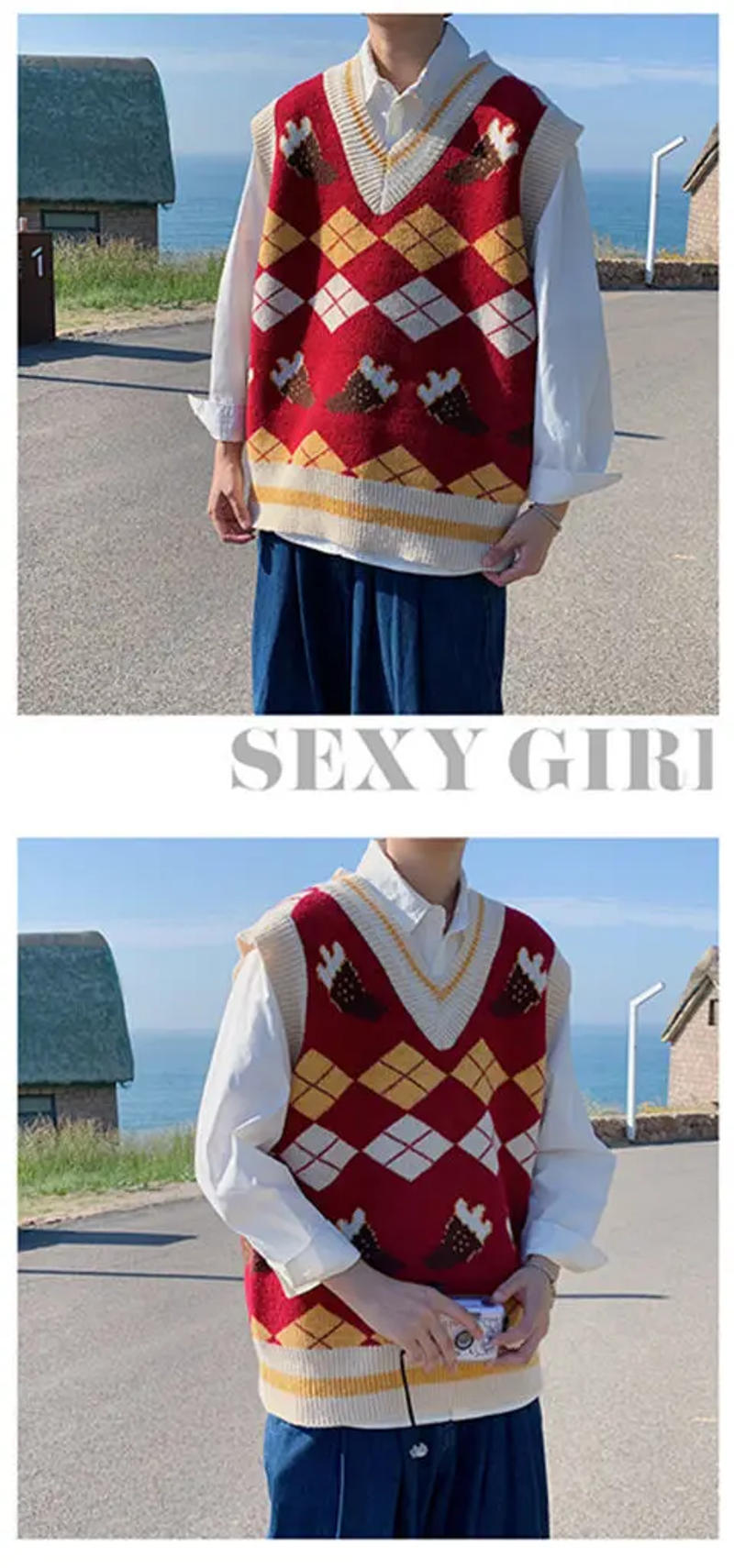 Description Picture 2 of itemJapanese Style V-neck Knitted Vests Couple Plaid Printed Loose Casual High Street Sleeveless Sweaters Men Tops Male Clothes