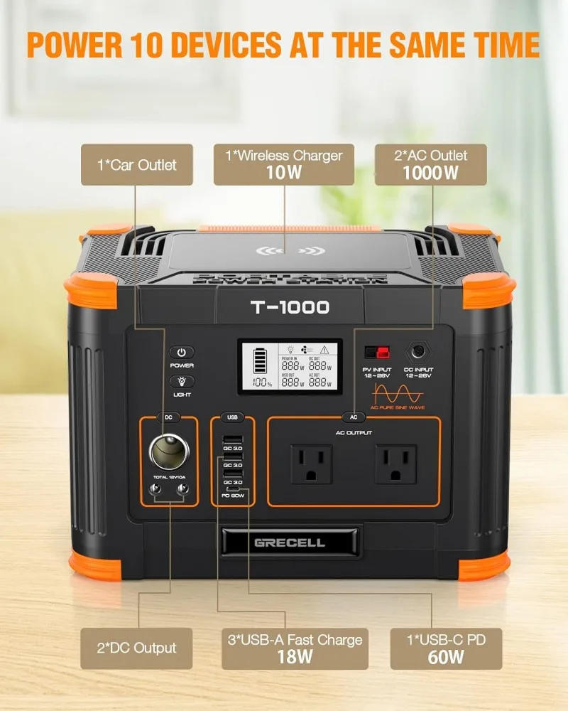 Description Picture 4 of item999Wh Solar Generator 1000W Portable Power Station with 60W USB-C PD Output 110V Pure Sine Wave AC Outlet Backup Lithium Battery