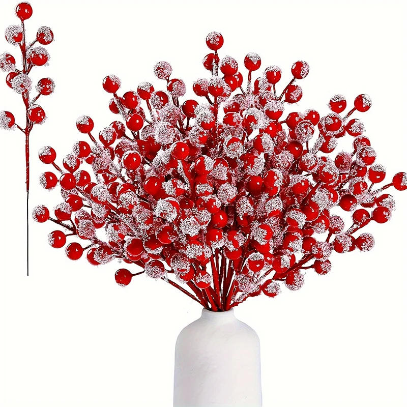 Description Picture 2 of item1/5/10Pcs Artificial Fruit Snow Frosted Red Berry Stems Realistic Vibrant Christmas Tree Decorations DIY Crafts Wedding Decor