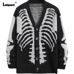 Ladiguard Men Retro Knitted Sweaters Vintage Jumpers 2023 Halloween Skull Print Top Cardigans Mens Gothic Fashion V-neck Sweater
