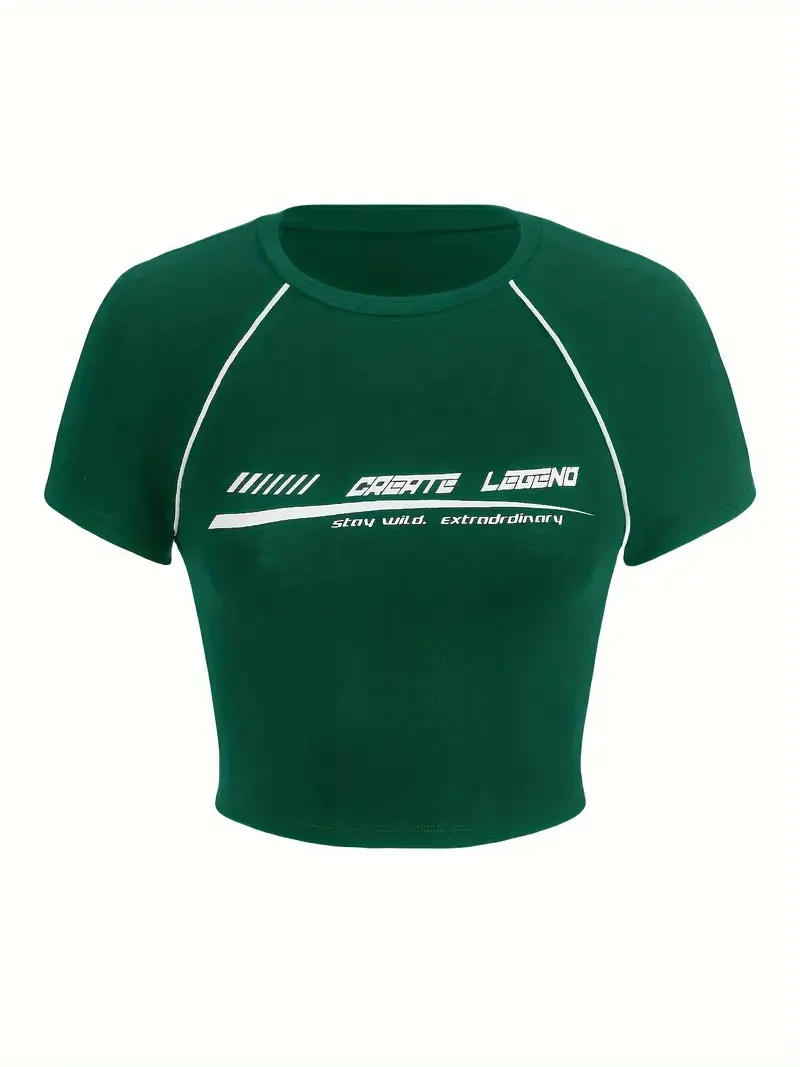 Description Picture 5 of itemMonogram print crewneck crop top T-shirt, spring/summer casual short-sleeved top, women's