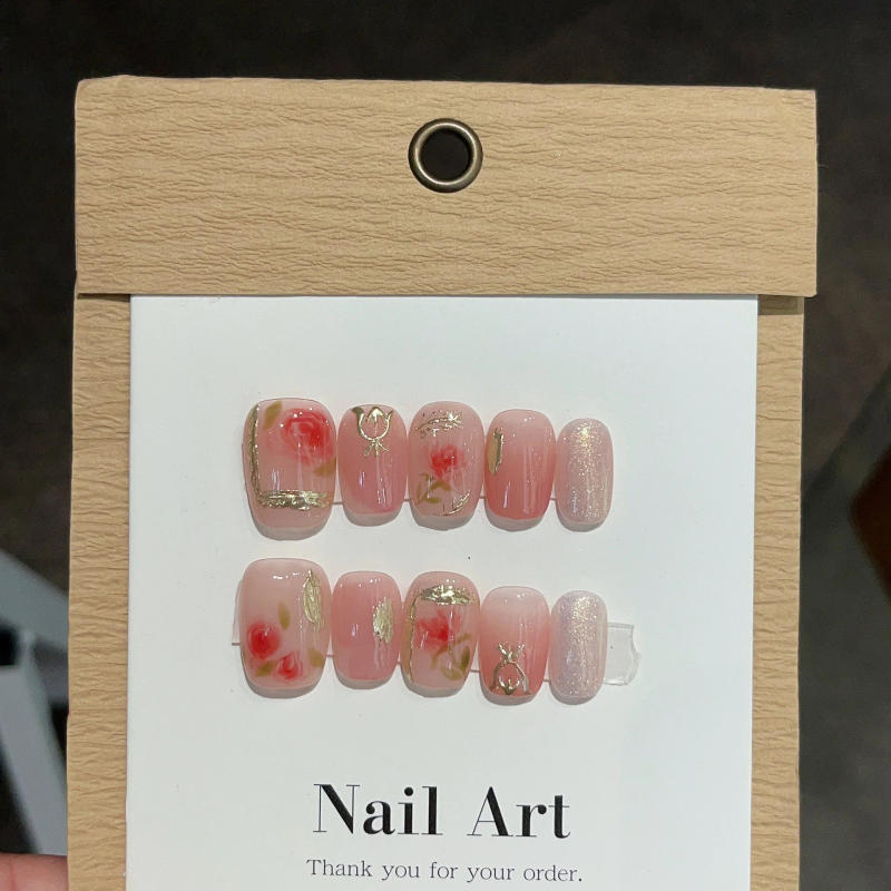 Description Picture 3 of item10pc Detachable Short Press on Nails Halo Dyeing Pink False Nail with 3D Flower Glitter Design Full Over Fake Nail Tip with Glue