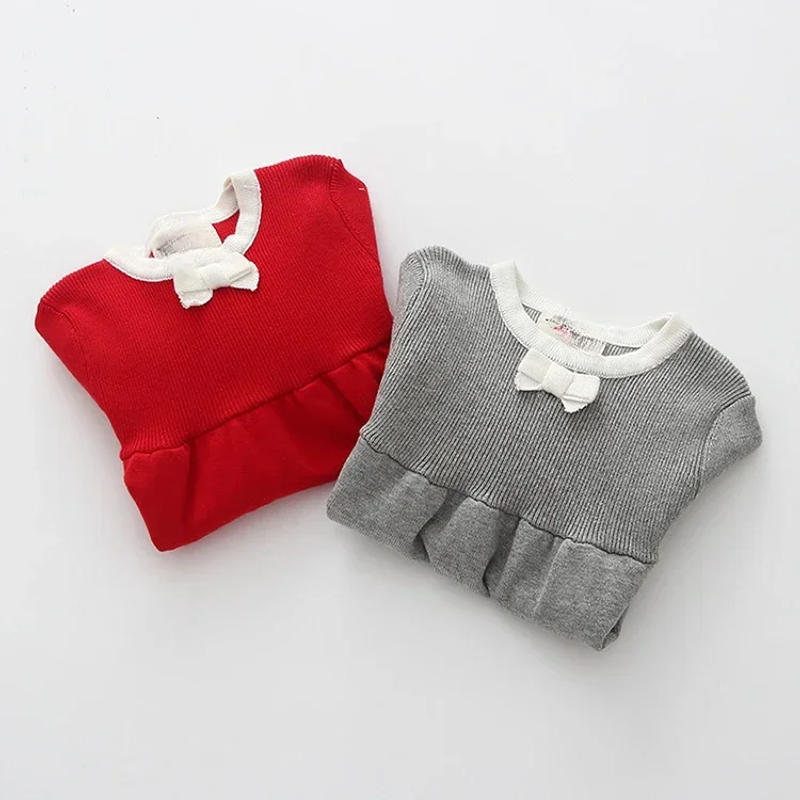 Description Picture 5 of item2025 Sweaters for Children Round Neck Vintage Long Sleeve Kids Dresseses Knitted Red Dress Cute Princess Girl Knitwear Clothes