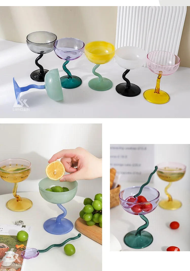 Description Picture 6 of item1 Piece Solid Color Glass Goblet Two Tone Glass Stemware Twisted Stem Champagne Coupes Milk Shake Ice Cream Glasses Cup Ins