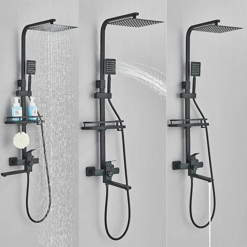 Description Picture 3 of itemBlack Bathroom Shower Faucet Set Wall Mounted Shower column 25cm Long Spout Bath Tub Taps Rainfall Shower Mixer Crane