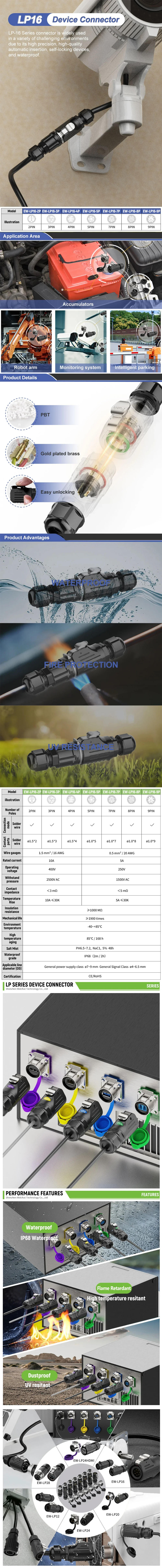 Description Picture 3 of itemEW-LP16 Solderless Industrial Aviation Plug Docking Socket IP68 M16 Electrical Cable Wire Connector 2 3 4 5 Pin Welding Free