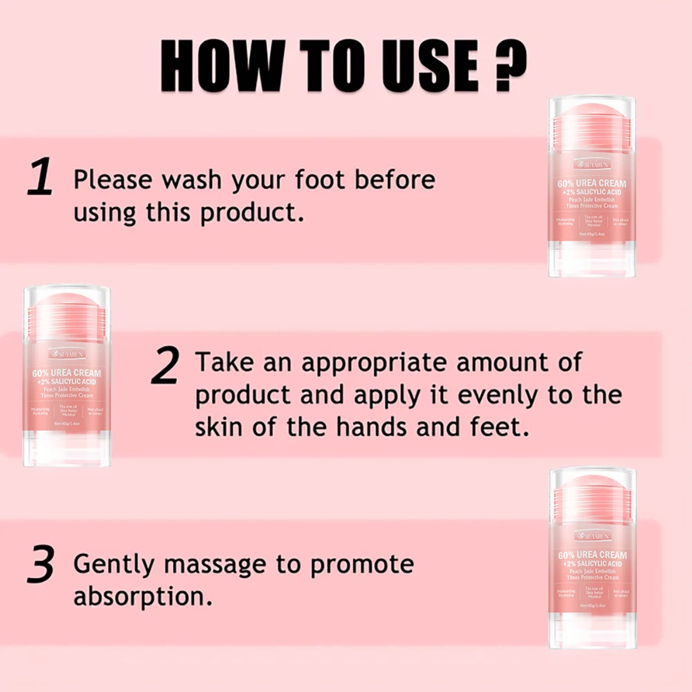 Description Picture 6 of itemSUYARUN 60% Urea Cream & Peach Scented Foot Balm Stick Combo â€“ Intensive Cracked Heel Repair, Deep Moisturizing and Hydration.