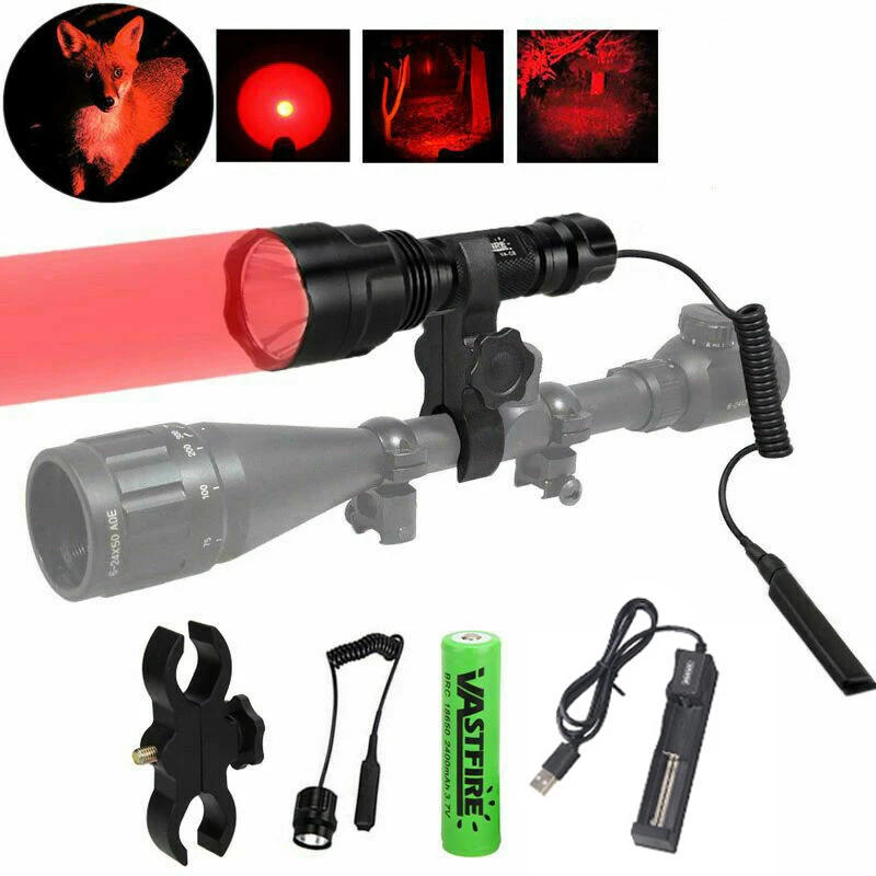 Description Picture 5 of itemC8 LED Flashlight White/Green/Red Tactical Hunting Rifle Lantern+Pressure Switch+Rail Scope Mount+18650+USB Charger