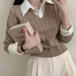 Fashion Winter Knitted Sweater Women Casual V-Neck Pullover All-match Female Clothing Loose Fake Two Items Short Tops Jumper