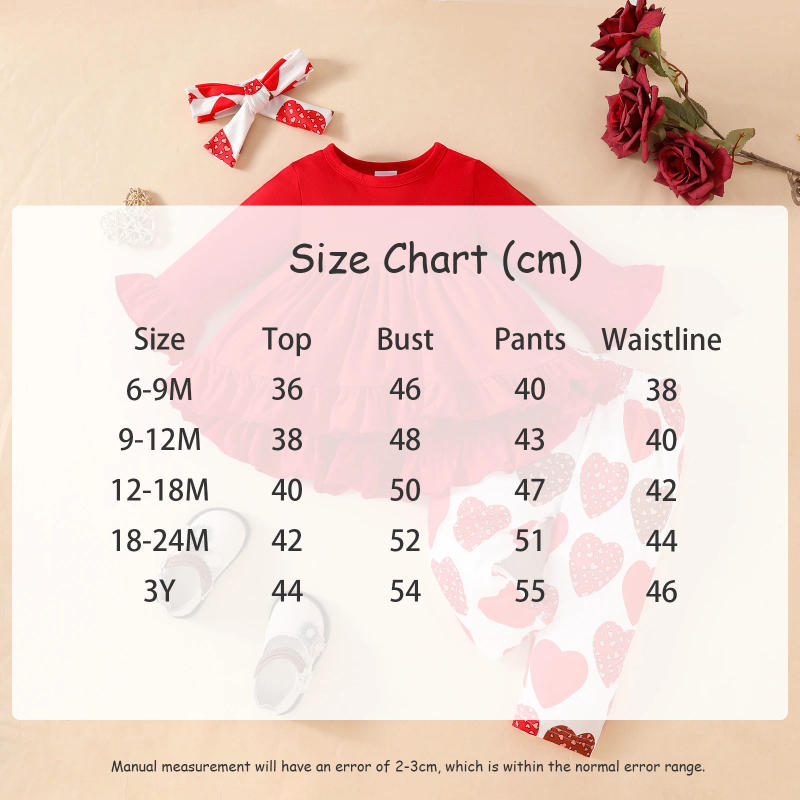 Description Picture 2 of itemValentine's Day Baby Girls' Clothing Set 0-3 Y Flare Sleeved Dress Top+Heart Printed Pants+Headband 3Pcs Toddler Outfit