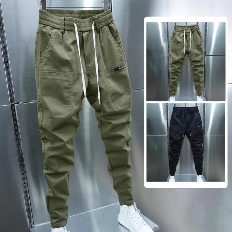 Description Picture 3 of itemMen Pants Solid Color Drawstring Elastic Waist Thick Plush Pockets Casual Sweatpants Ankle-banded Streetwear Long Sport Trousers