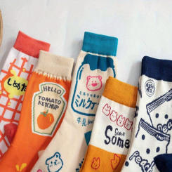5 pairs of fashionable and trendy socks cartoon illustrations of all cotton medium tube female socks, Japanese sweet pile up soc