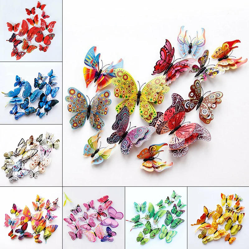 Description Picture 2 of item12Pcs Double Layer 3D Butterfly Wall Stickers Home Room Decor Butterflies For Wedding Decoration Magnet Fridge Decals
