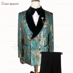 Luxury Suits for Men 2 Pieces Tailor-made Floral Print Tuxedos for Wedding Prom 2023 Double Breasted Gold Shiny Blazer Pants Set
