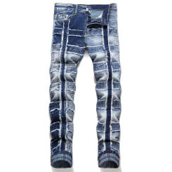 Patchwork skinny jeans men's motorcycle style fashion street slim fit nostalgic retro design blue punk trousers