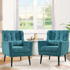 Accent Chair Set of 2, Upholstered Armchair with Pillow, Fabric Single Sofa Chair with Lounge Seat and Wood Legs Accent Chair