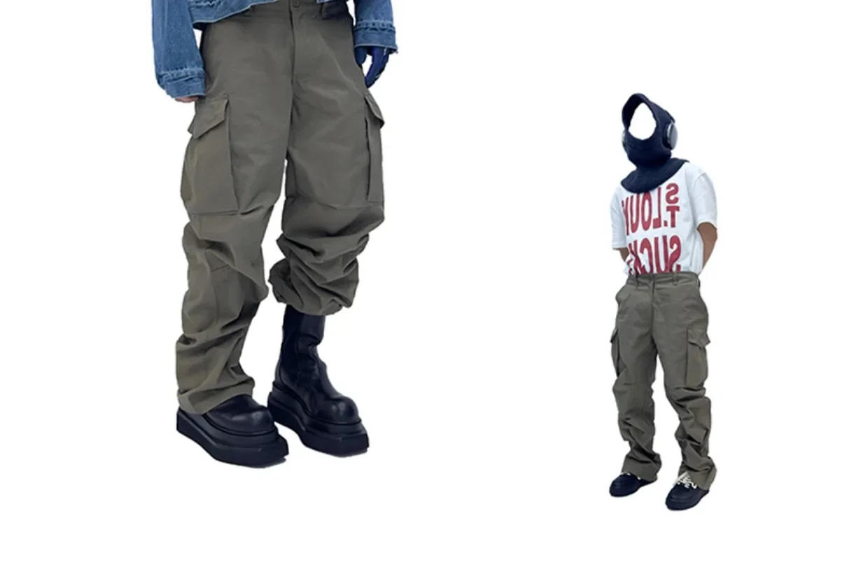 Description Picture 4 of itemGray Green Large Pocket Knee Double Pleated Design Loose Casual Straight Pants Men's Wrapping Washed Cargo Pants Outdoor Pants