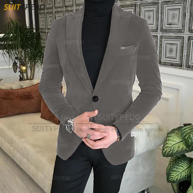 Description Picture 4 of item(One Blazer) Formal Velvet Men Suit Jacket Wedding Party Tailor-made Slim Fit Attire Evening Dinner Fashion Single Breasted Coat