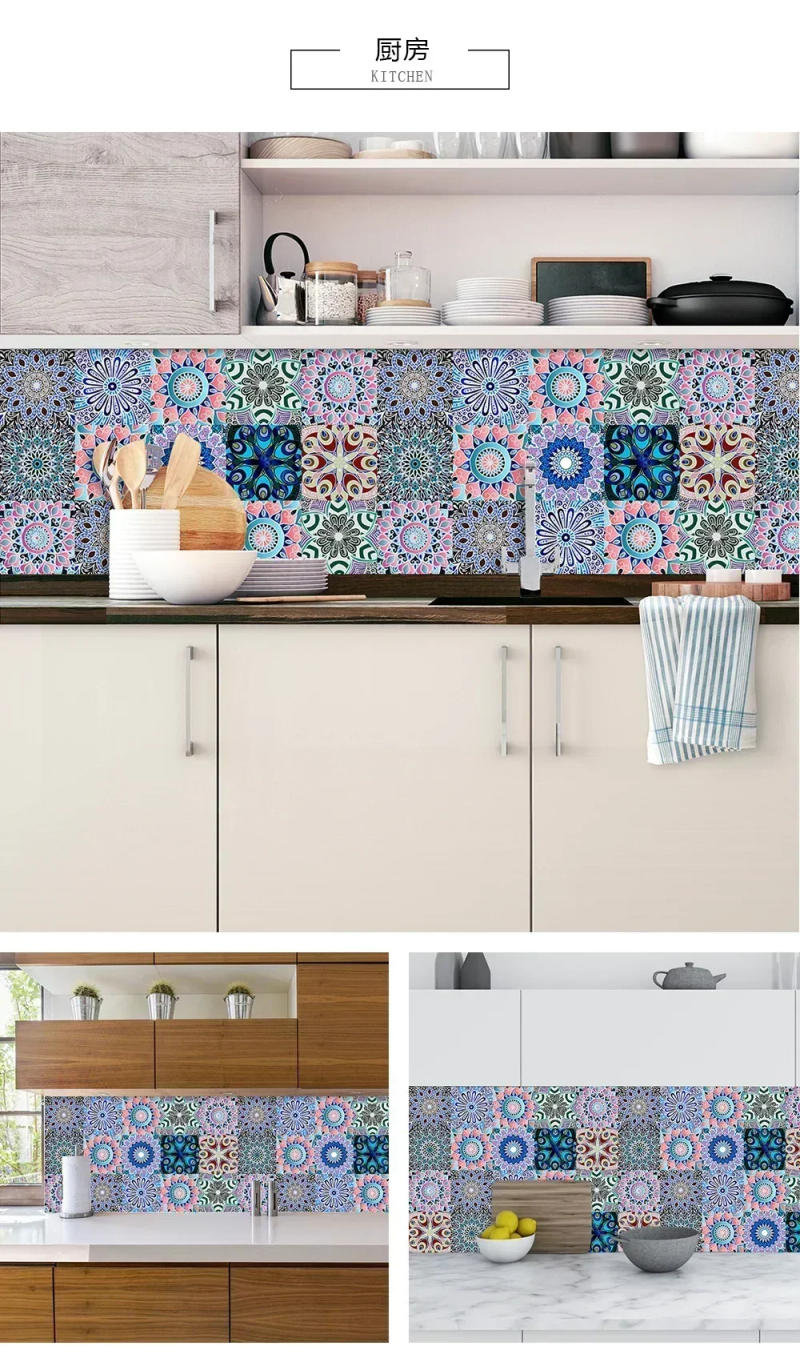 Description Picture 6 of itemHome 10pcs/set Mandala Style Crystal Hard Tiles Ceramics Wall Sticker Kitchen Wardrobe Decor Art Mural & Stick Wall Decals