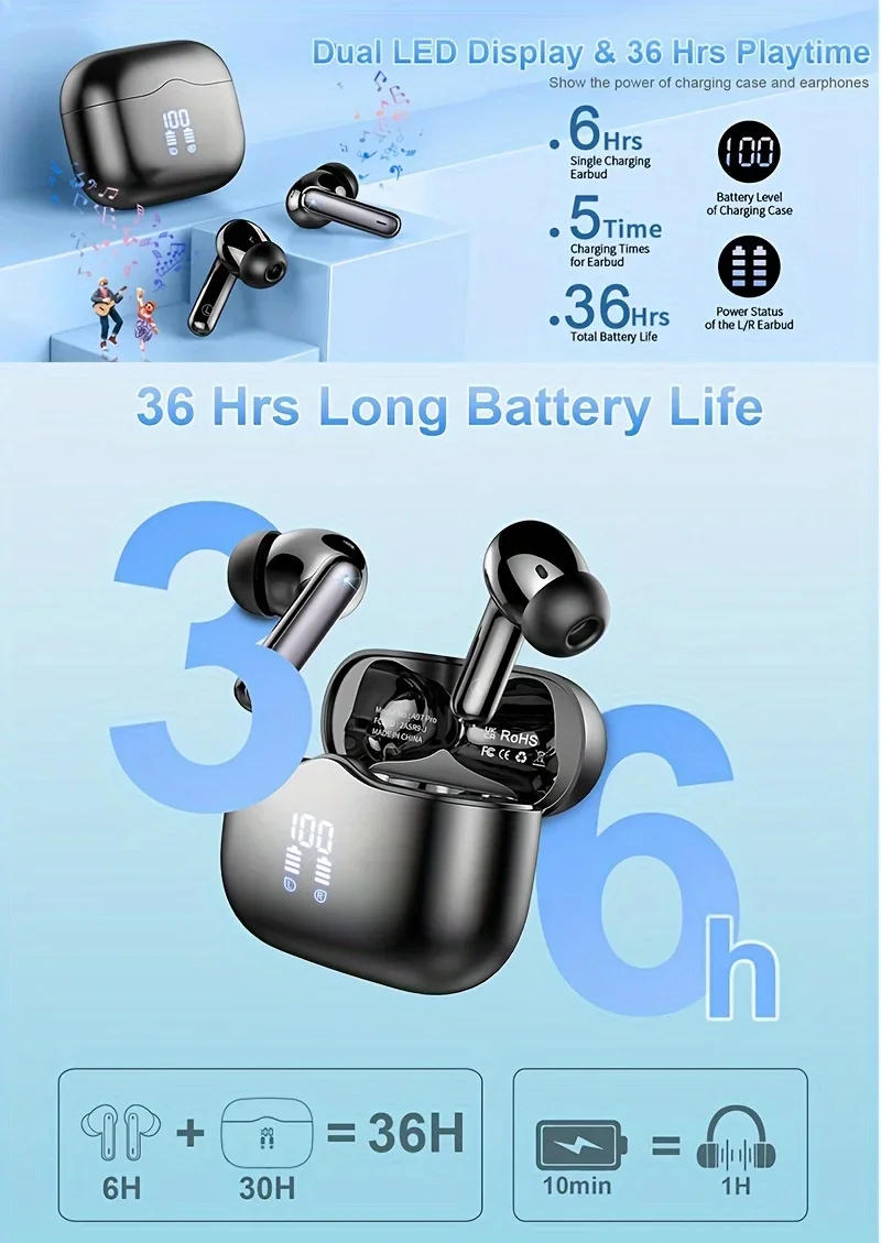 Description Picture 2 of itemUYUXIO Wireless Earphone 40dB Noise Cancelling Bluetooth 5.3 Headphone ENC with LED Display HD TWS Earbuds Transparency Mode