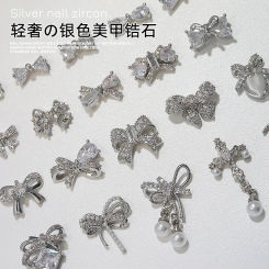 2PCS Luxury Sparkle Zircon Ribbon Bow Pearl Pendant Silver Gold Alloy Nail Art Rhinestones Jewel Decorations Manicure Ornaments