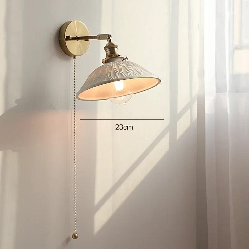 Description Picture 3 of itemJapanes Vintage Wall Lamp Brass Ceramic Lampshade Pull Wire Switch Swivel Sconce for Bedroom Bedside Wall Light Home Decoration