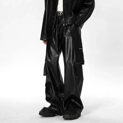 Monos de cuero con múltiples bolsillos para hombre, pantalones de cuero Punk de Color sólido, informales, sueltos, para jóvenes, Y2k