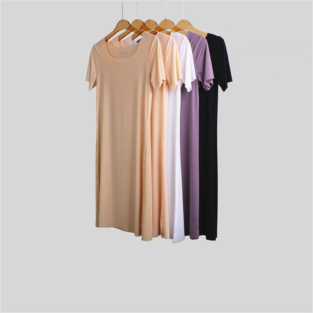 Description Picture 3 of itemsummer Seamless IceSilk Full Slips Dresses For Women Thin Short Sleeve Mini Cool Petticoat Underkirt Sleepwear under dress slip