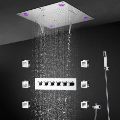 24 Inch Square LED Music Shower Head Thermostatic Mixer Valve Diverter SPA Rainfall Mist Shower System With Massage Jets