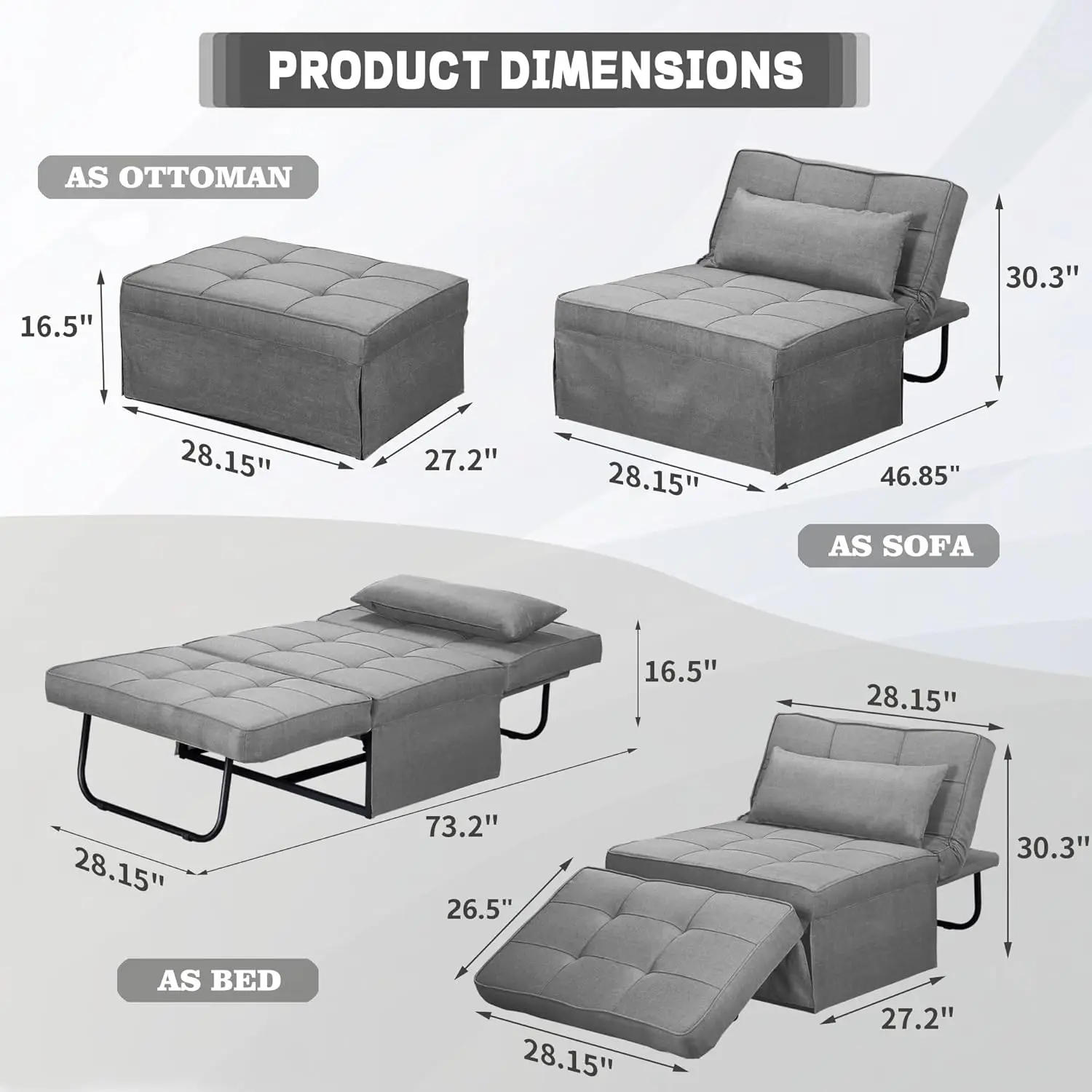 Description Picture 3 of itemConvertible Sofa Bed,4-in-1 Multi-Functional Futon Chair Bed, Folding & No Installation Sofa Couch with Adjustable Backrest