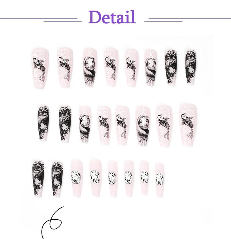 Description Picture 4 of itemSea Wave Carp Japanese Style Doodle False Nails Detachable Nude Pink Long Coffin Fake Nails with Glue Full Cover Press on Nails